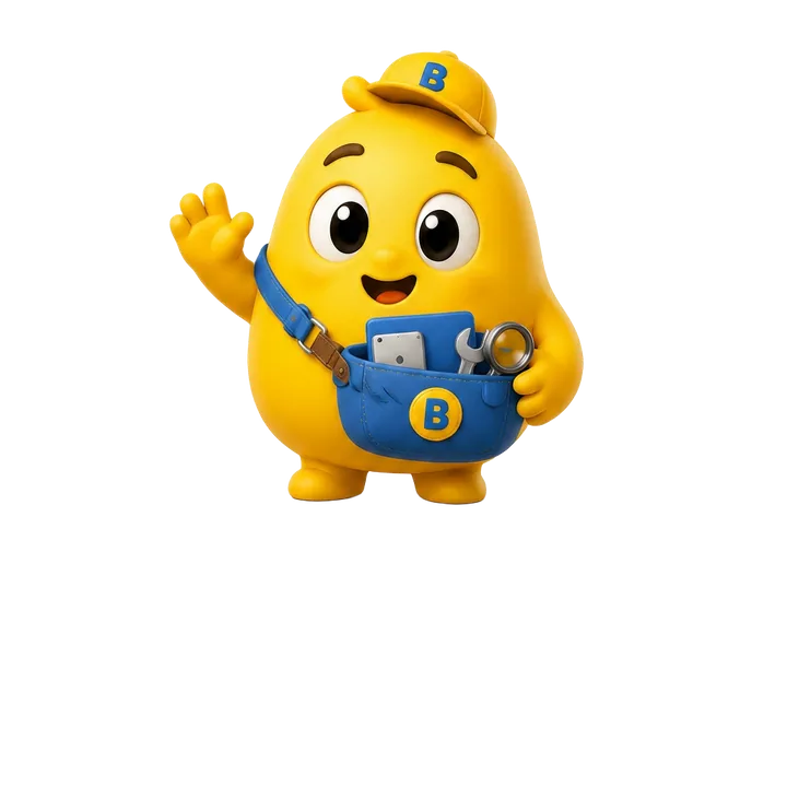 Little Bizmo, the friendly website helper, waving beside a small business owner