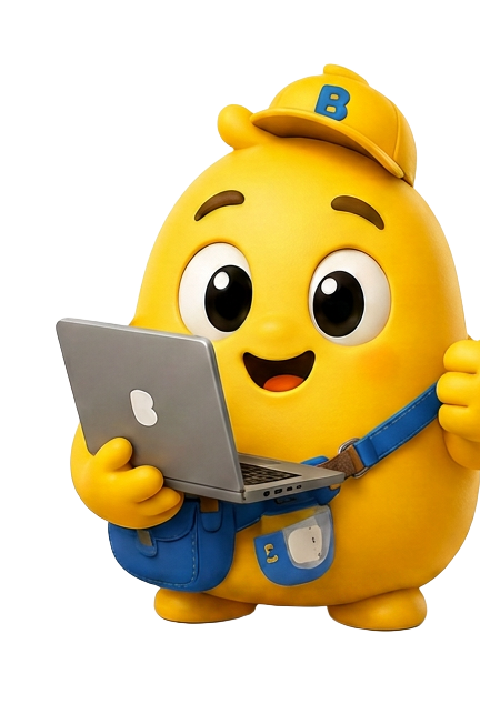 Bizmo holding a laptop, ready to help
